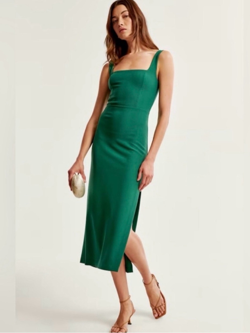 Abercrombie & Fitch Square Neck Contour Crepe Midi Dress in Green - Size S
